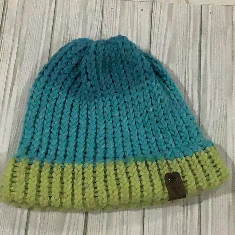 Handmade knitted blue green winter hat